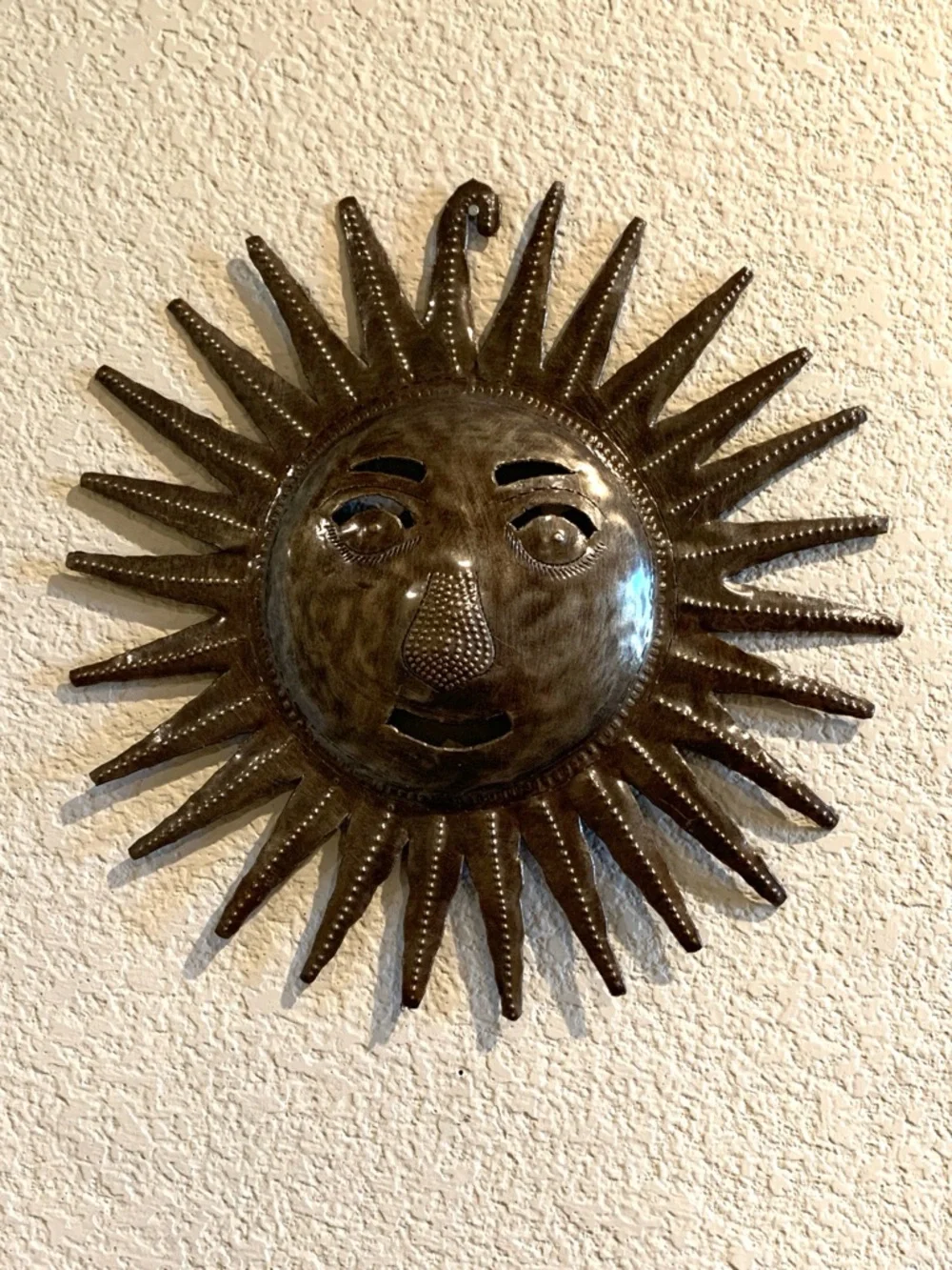Handcrafted Haitian Bronze Colored Metal Sun Face Wall Sculpture